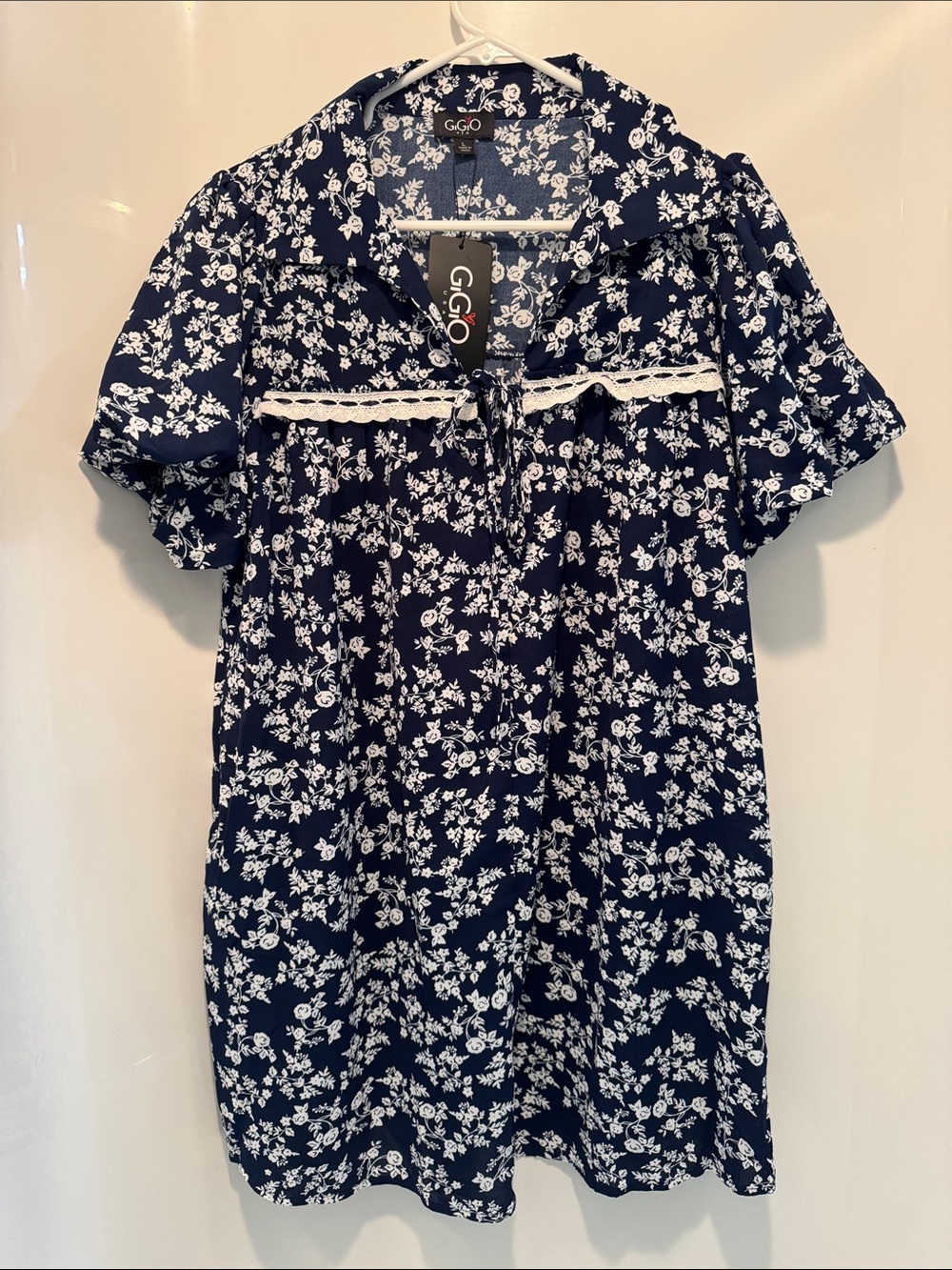 GIGIO Navy Blue Floral Short Sleeve Dress NWT Large